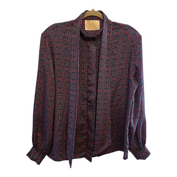PENDLETON COUNTRY SOPHISTICATES VINTAGE BLUE RED BLOUSE SIZE 14 SELF TIE - Picture 1 of 12
